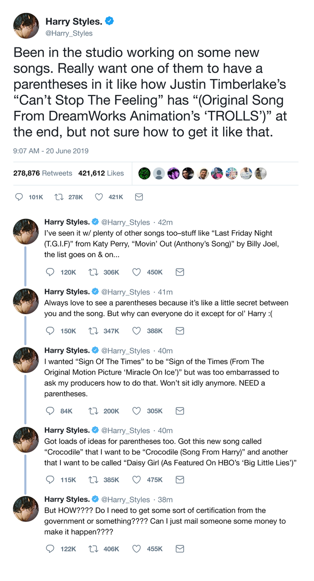 Illustration for article titled Twitter Rant: Harry Styles Is Tweeting That He Wants One Of His Songs To Have A Parentheses At The End Of It Like ‘(Original Song From DreamWorks Animation’s TROLLS)’ But Doesn’t Know How To Get It That Way